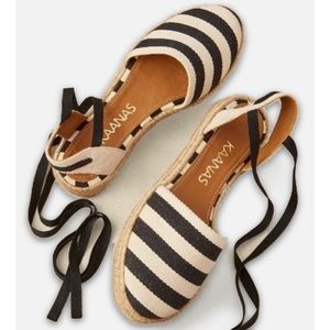 Like New KAANAS Ankle Tie Espadrilles Black & Cream Stripes Size 7